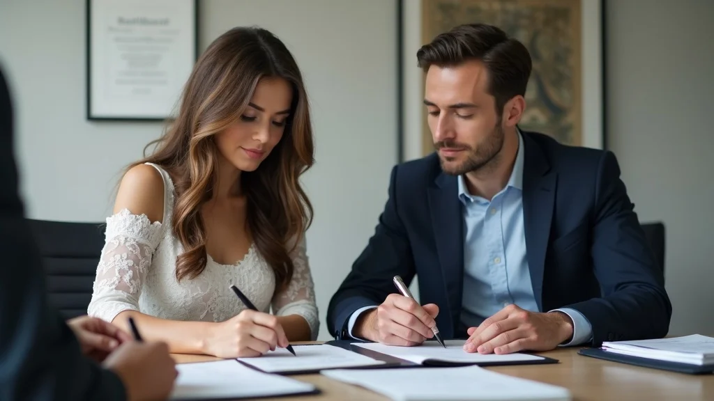 Couple signing a prenuptial agreement with attorney guidance, emphasizing asset protection in family law, upscale conference room with legal documents