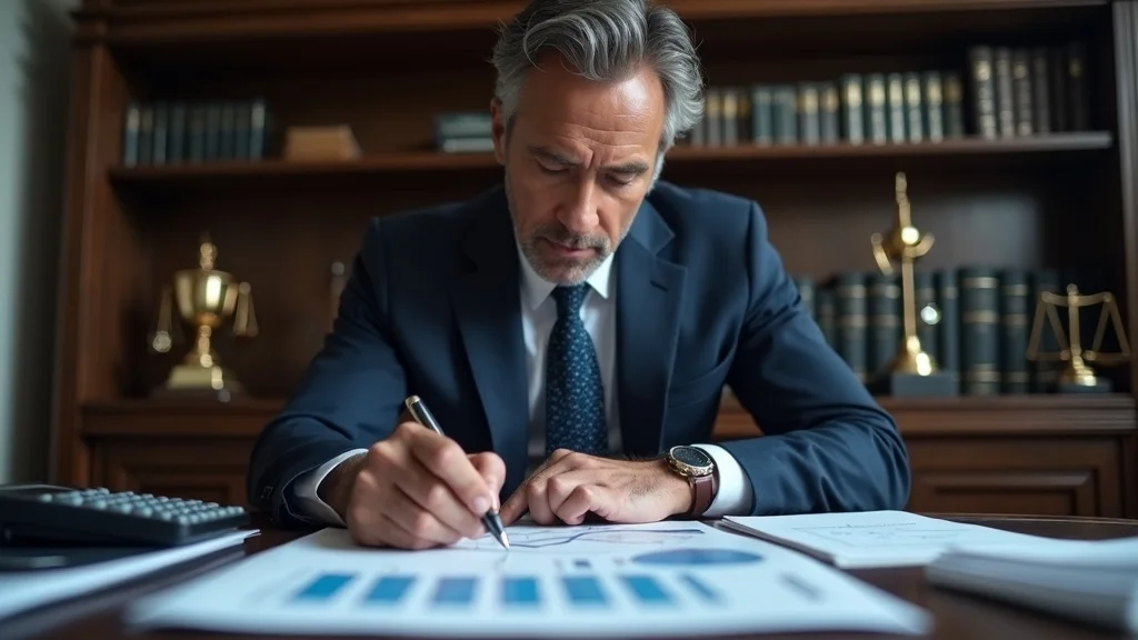 Experienced family law attorney reviewing high net worth financial documents, focused expression, upscale law office – family law case expertise