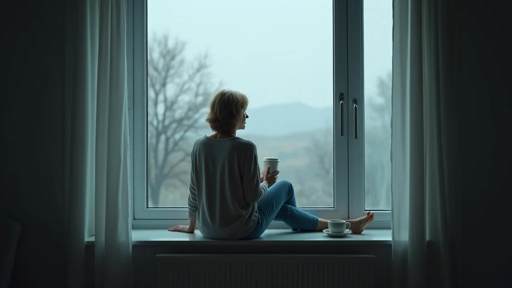 Reflective midlife woman considering menopause and divorce, sitting thoughtfully by a window during rain with comforting mug