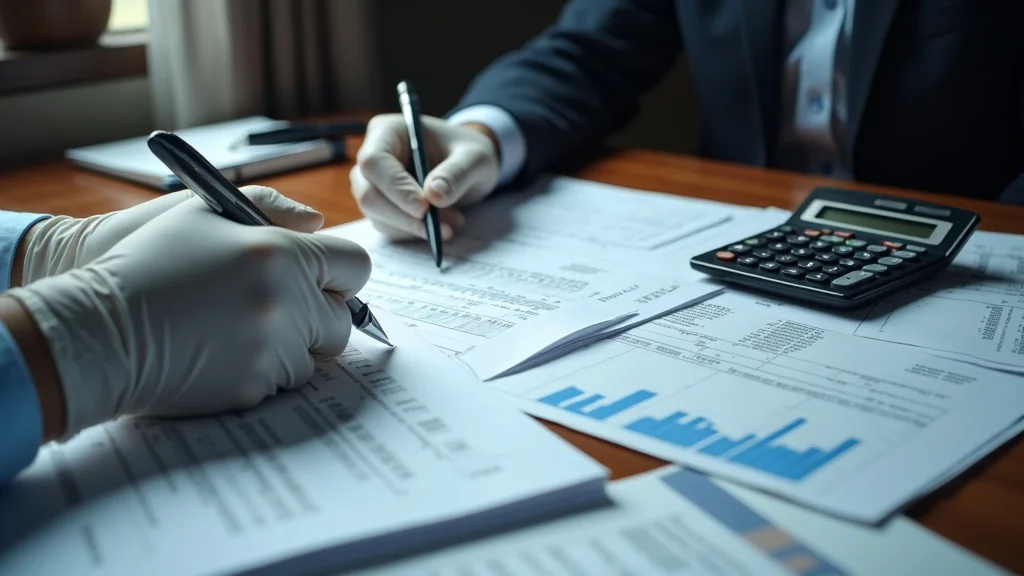 High-stakes financial investigation with gloved hands reviewing printed bank statements and tax returns in high net worth divorce case, high realism.