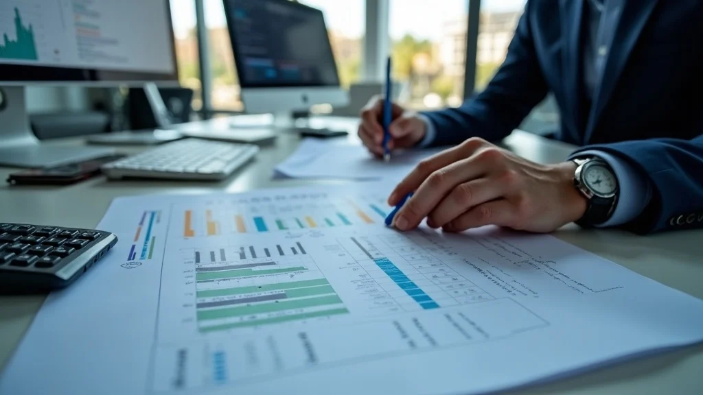 Professional forensic accountant analyzing complex financial documents in a high net worth divorce case, focused and attentive in a modern office setting, with spreadsheets, calculator, and paperwork.