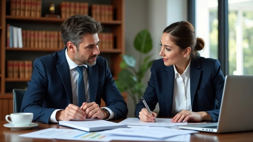 Forensic accountant and divorce attorney collaborating confidently on asset division documents in a well-lit, elegant law office with legal books and financial charts.