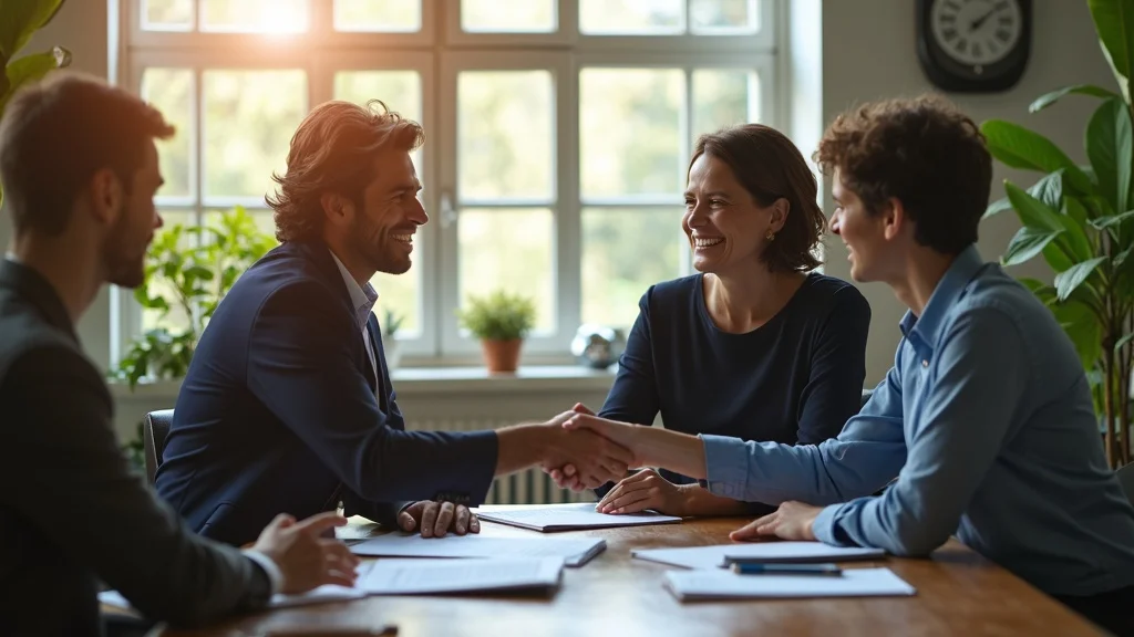 Reassuring and successful resolution in high net worth divorce: divorcing couple shaking hands with advisors, sunlit office, relieved expressions, resolved financial reports on screen.