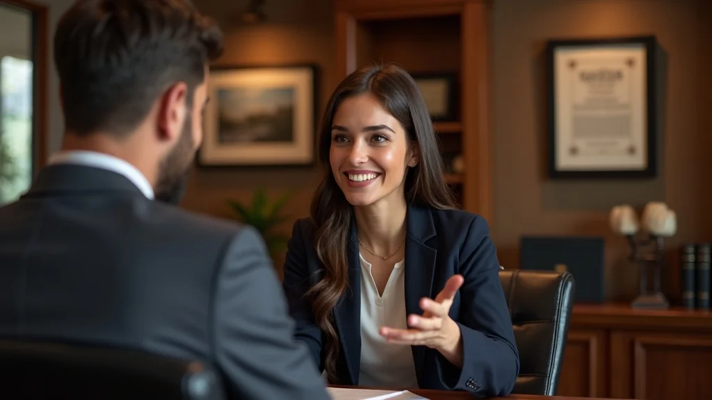 Confident family law attorney reassuring a client about intellectual property division in divorce in a sophisticated office