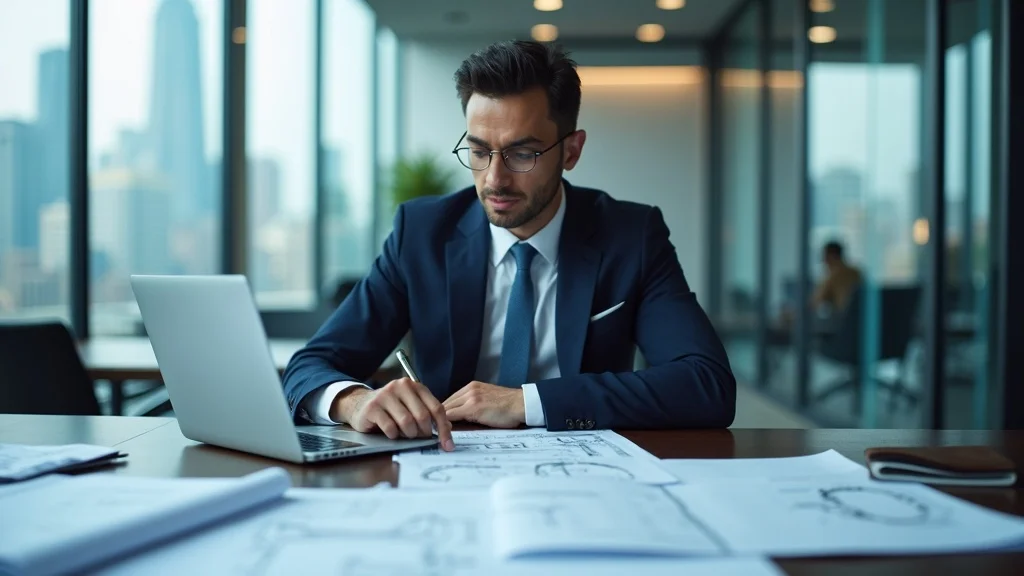 Entrepreneur reviewing legal documents for intellectual property division in divorce in a modern city law office with patent folders and blueprints