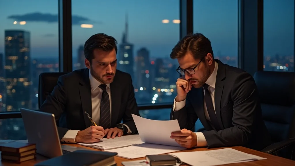 Business partners or spouses reviewing legal documents and international law books regarding intellectual property division in divorce in an upscale conference room