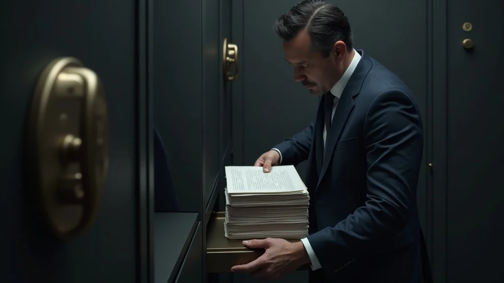 Discreet businessman securing hidden assets and confidential documents in a locked drawer during a high net worth divorce, photorealistic office scene with metallic safe and navy-gold accents.