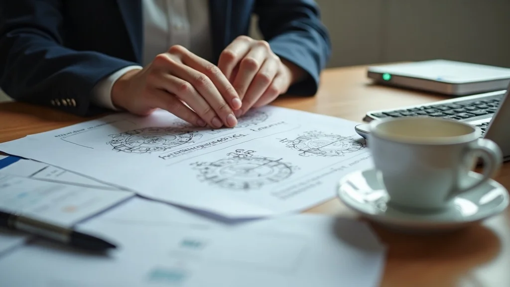Close-up of patents, trademarks, and copyright documents representing intellectual property division in divorce on a wooden desk with digital devices