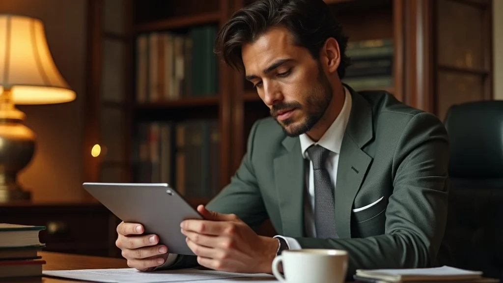 High net worth individual reviewing intellectual property asset checklist in an elegant private office, focused on divorce property division process