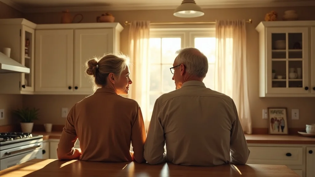 Thoughtful older couple at kitchen island reflecting on empty nest and gray divorce, warm and muted earth tones, sunlit kitchen background