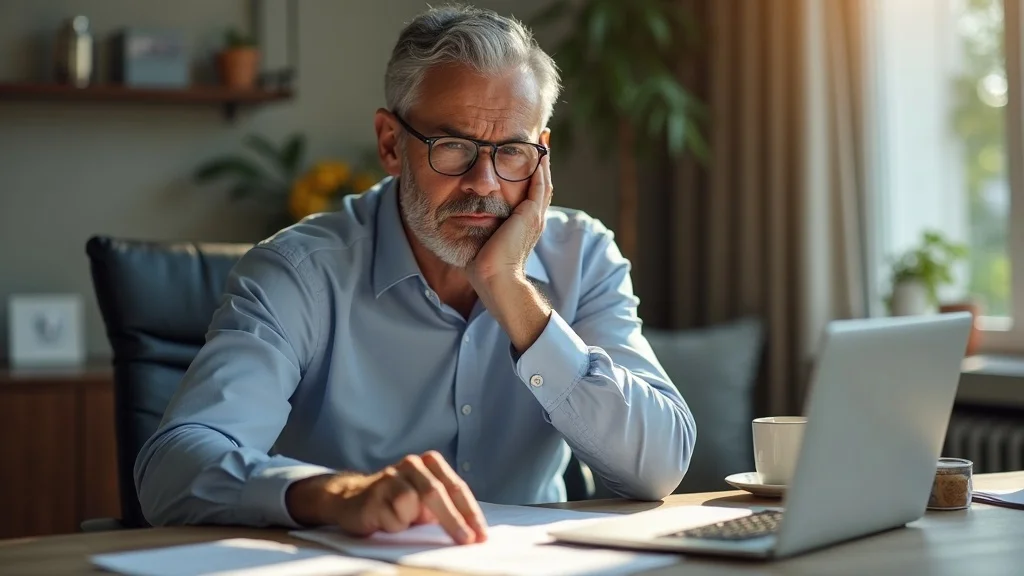 Concerned middle-aged man reviewing legal documents about protecting retirement accounts during divorce