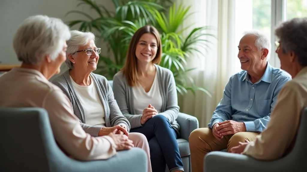 Support group for older adults discussing mental health during gray divorce, bright community center, empathetic expressions, group seated in circle