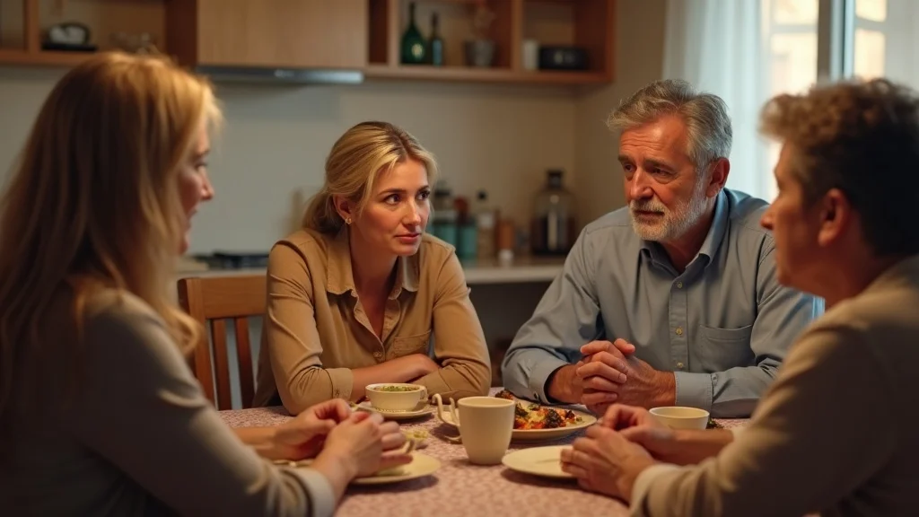 Grown daughter and older parents in heartfelt post-gray divorce conversation, gently touching hands at dining table, warm light and pastel décor