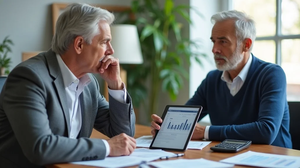 Mature couple discussing gray divorce and retirement planning, concerned yet attentive, financial advisor's office with digital tablet and paperwork