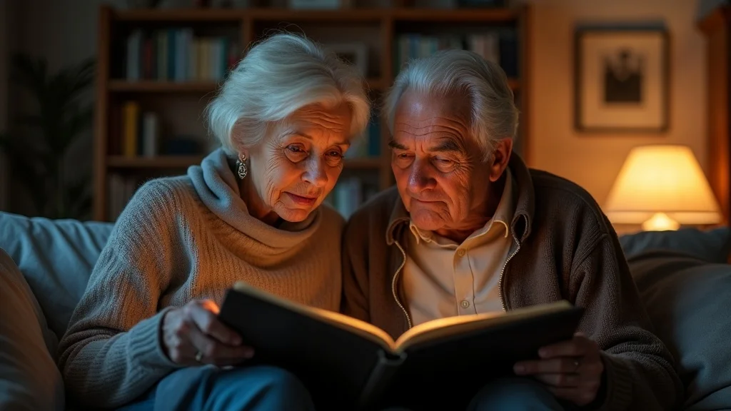Older couple looking through photo album reflecting on gray divorce, living room with bookshelves and photo frames, nostalgic expressions