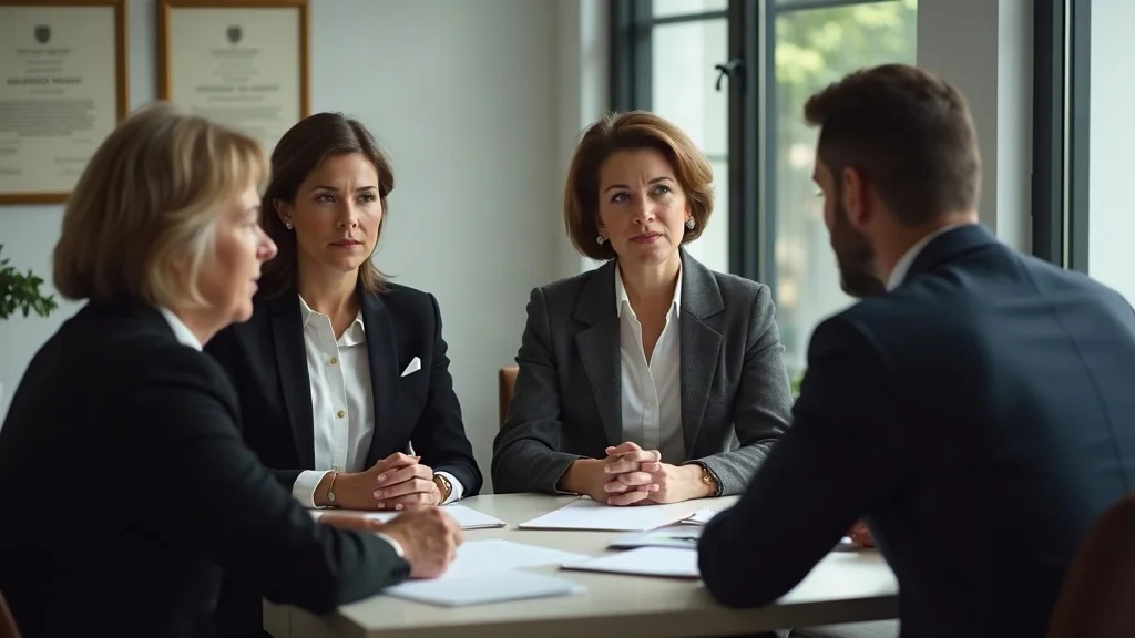 Professional middle-aged couple consulting gray divorce attorney in Las Vegas family law office