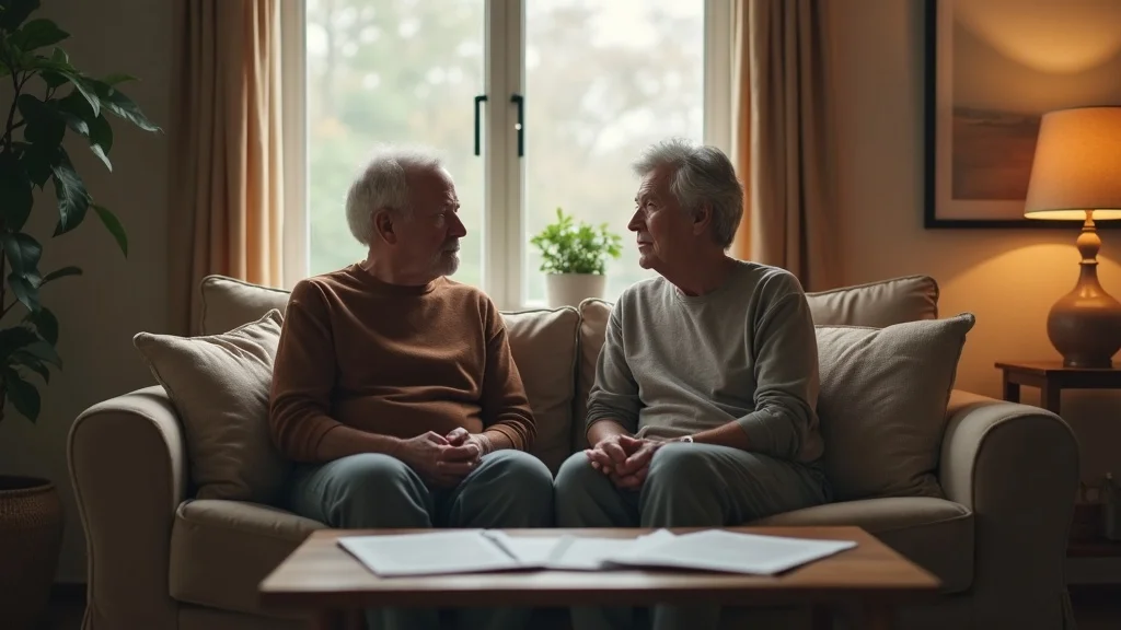 Contemporary older couple sitting apart in a cozy living room regarding gray divorce, both looking away, subdued mood with divorce papers on coffee table, high texture and shallow focus