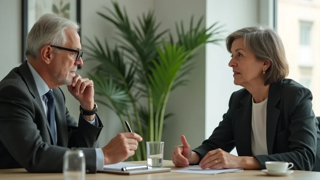 Older man and woman in mediation discussion about gray divorce, thoughtful expressions, mediation table with clipboard and plants