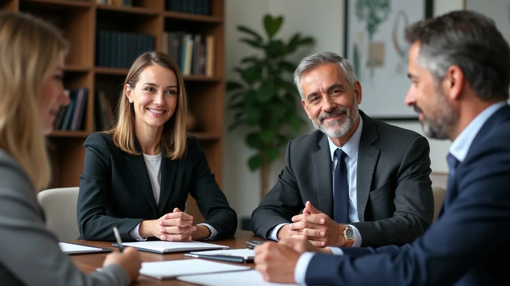 Family law attorney consulting with mature clients about gray divorce and asset division, sophisticated office, bookshelves and abstract art