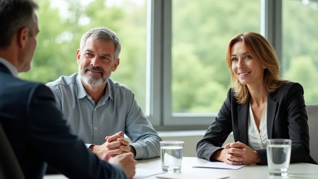 gray divorce and long-term care planning - mature couple and mediator discussing realities of geriatric divorce