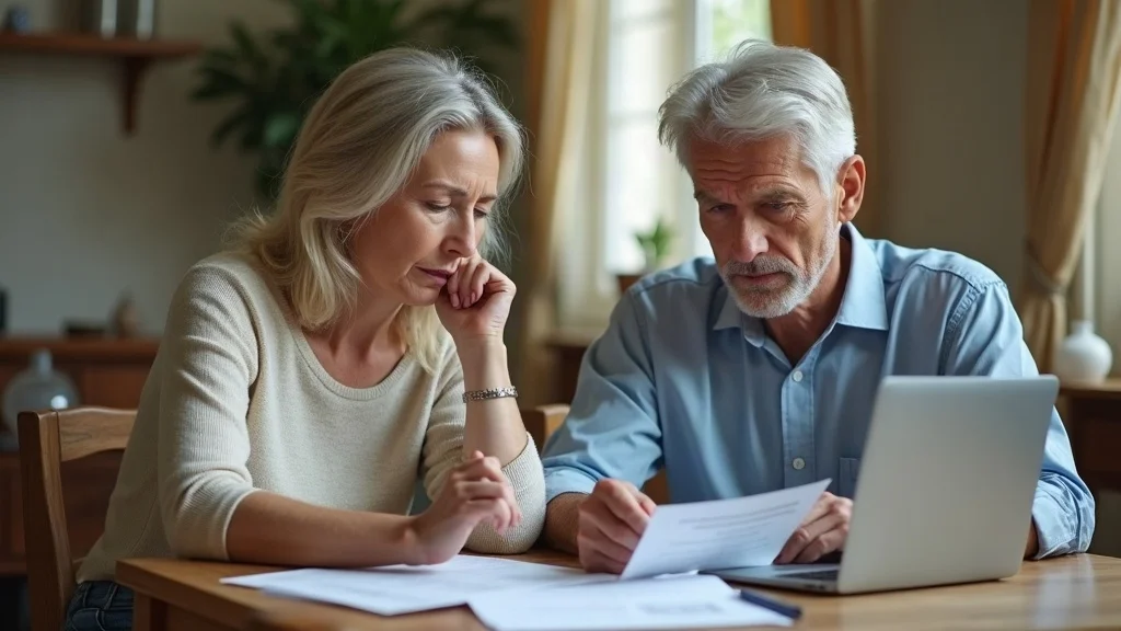 Concerned mature couple reviewing financial documents for gray divorce with attorney—financial planning, family law, gray divorce attorney
