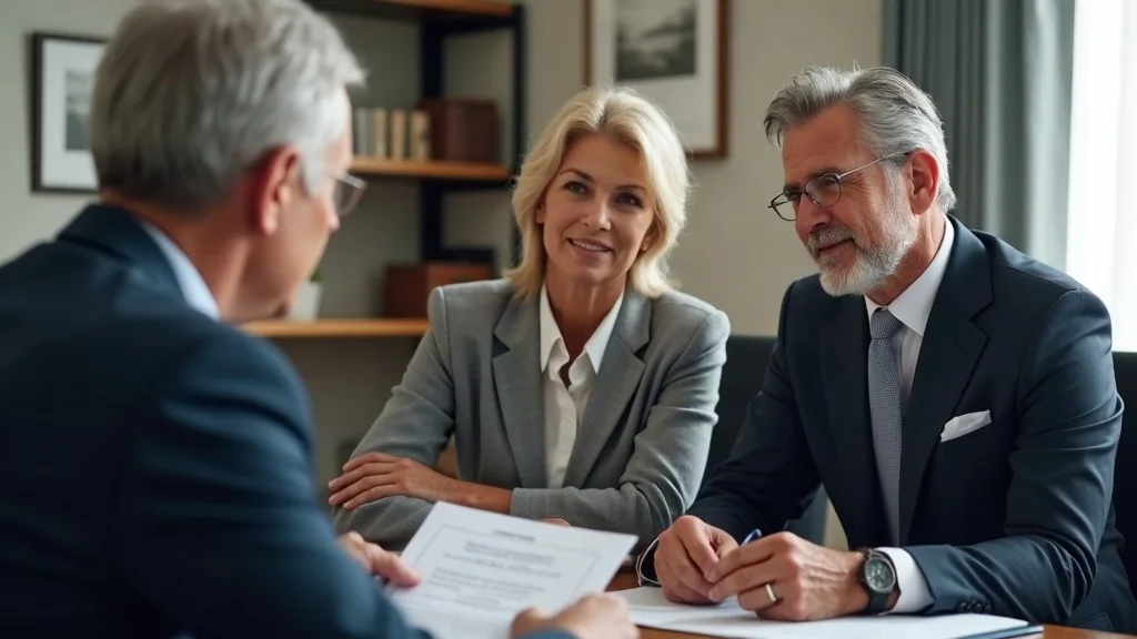 Mature couple discussing gray divorce details with family law attorney—collaborative legal strategy, high net worth, family law