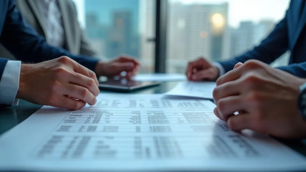 Las Vegas divorce attorney reviewing financial documents and real estate assets in a conference room with city view