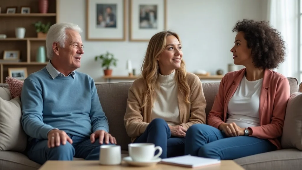 gray divorce and long-term care planning - candid family conversation with parents and adult child in modern living room