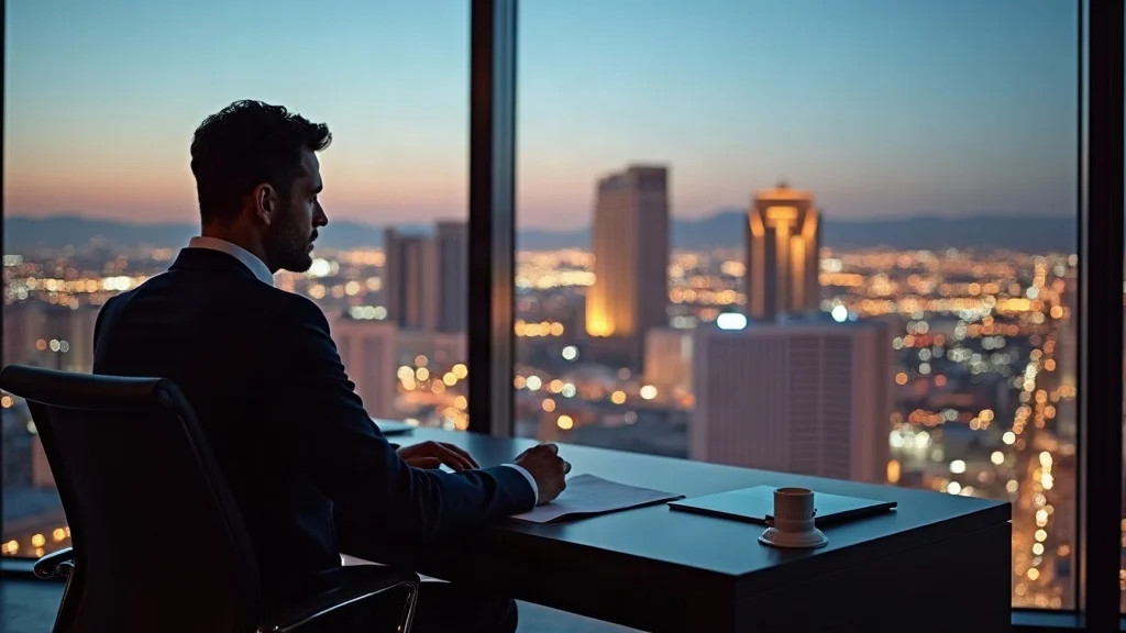 Las Vegas financially complex divorce attorney overlooking city skyline from office at dusk with financial paperwork on desk