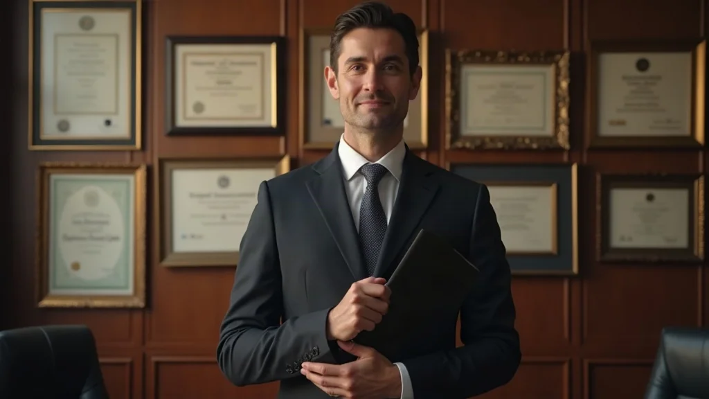 Confident gray divorce attorney in office with certificates—family law credentials, law firm expertise, client advocacy