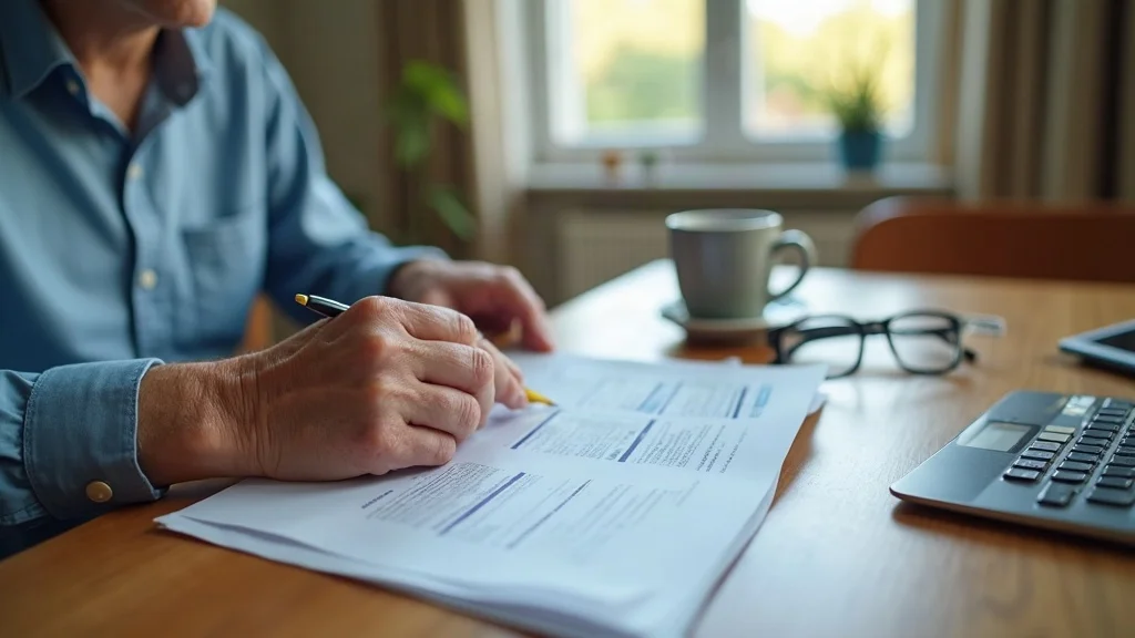 gray divorce and long-term care planning - elderly hands reviewing insurance and medical documents at a dining table