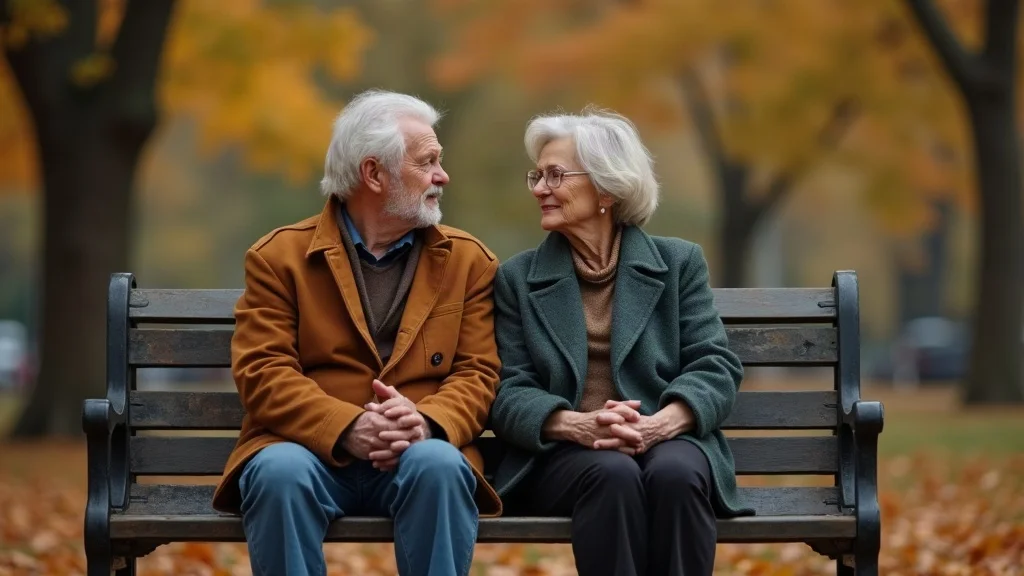 gray divorce and long-term care planning - older couple with thoughtful expressions on a park bench under autumn leaves