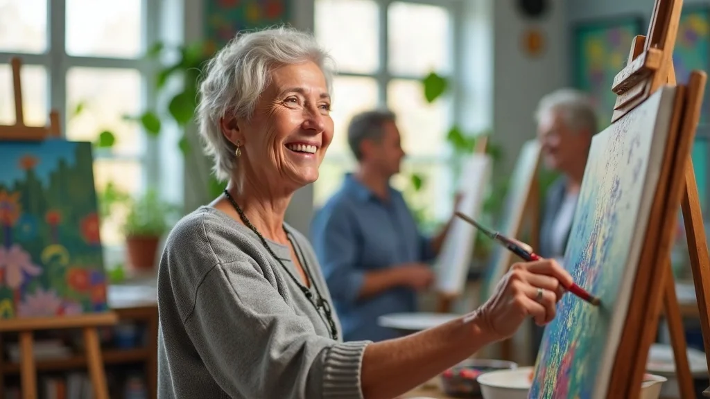 Uplifting older woman at an art class, smiling while painting—reclaiming joy after gray divorce