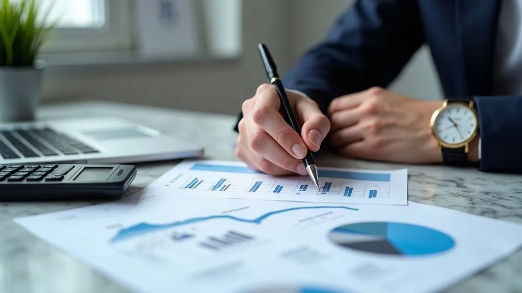 Professional reviewing financial reports and tax planning documents for high net worth divorce, crisp modern style