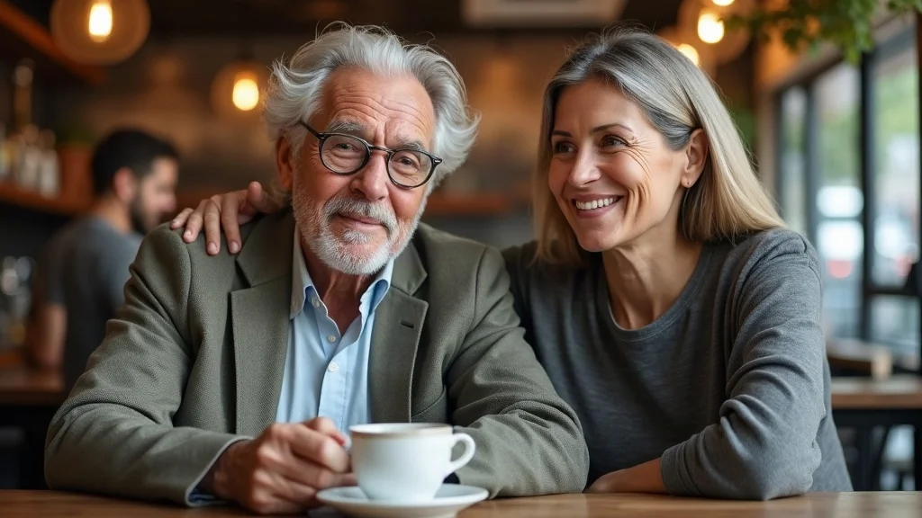 Reflective older man with a friend in a coffee shop, discussing gray divorce and long-term friendships