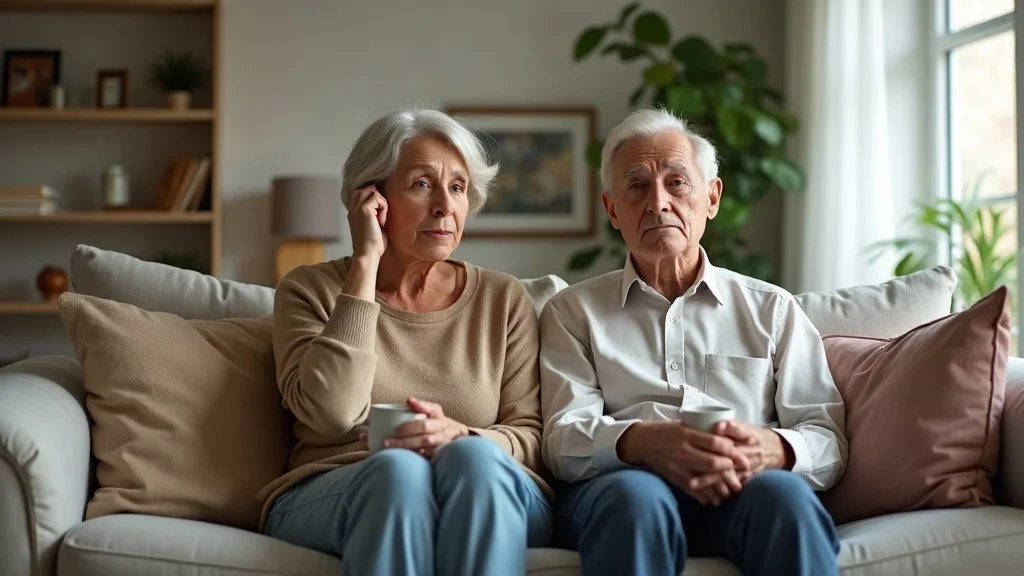 Empathetic middle-aged or older couple sitting apart on a living room couch, contemplative and sad—gray divorce and long-term friendships