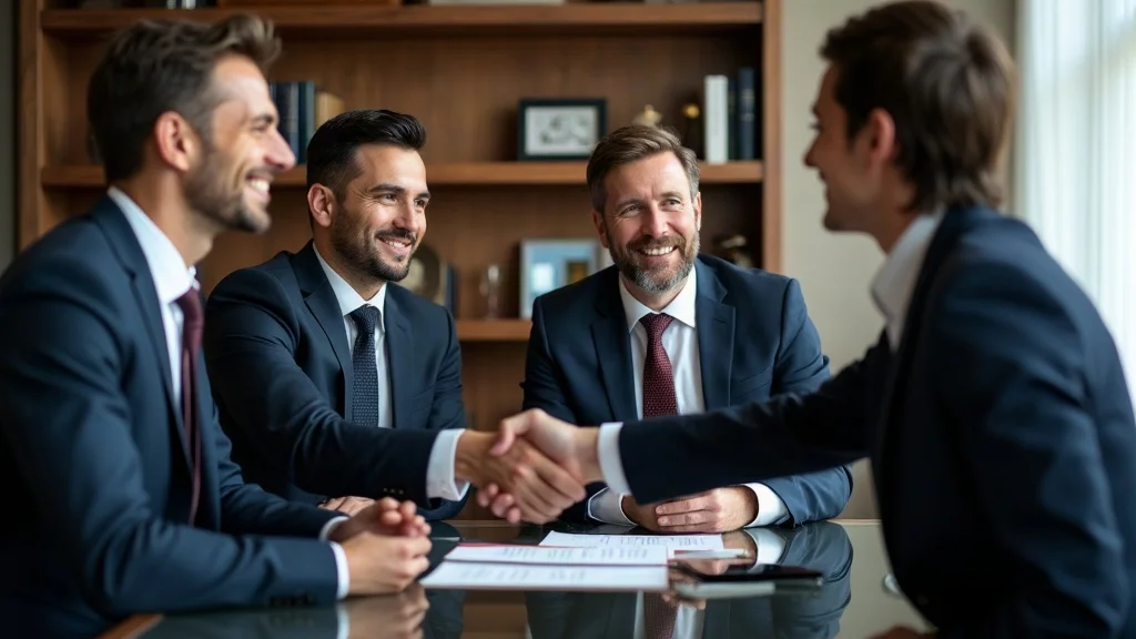 Polished law firm attorneys consulting with client about high net worth divorce, handshake, high realism