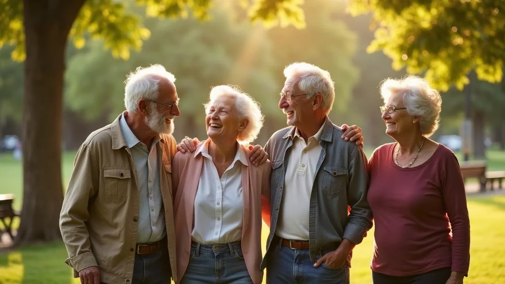 Warm group of older adults enjoying friendship after gray divorce in a sunlit park—gray divorce and long-term friendships