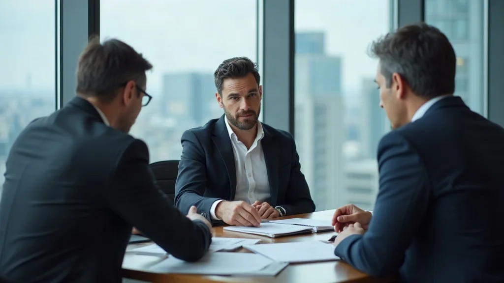 Sophisticated executive couple discussing high net worth divorce in law office with attorney, modern cityscape, realistic - what is high net worth divorce