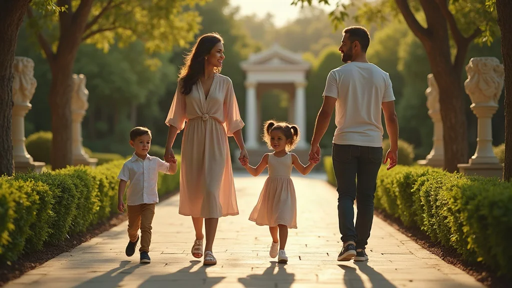 Affluent family with children in manicured garden, private and gentle scene - child custody high net worth divorce