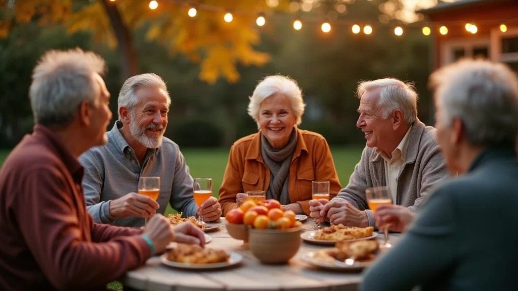 Inviting group of older adults enjoying a backyard gathering—nurturing friendships after gray divorce