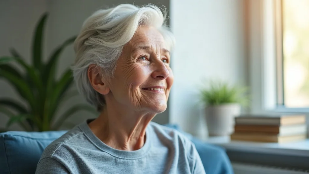 Thoughtful older woman smiling out a window, hopeful after gray divorce at 60—valuable insights about long-term friendships